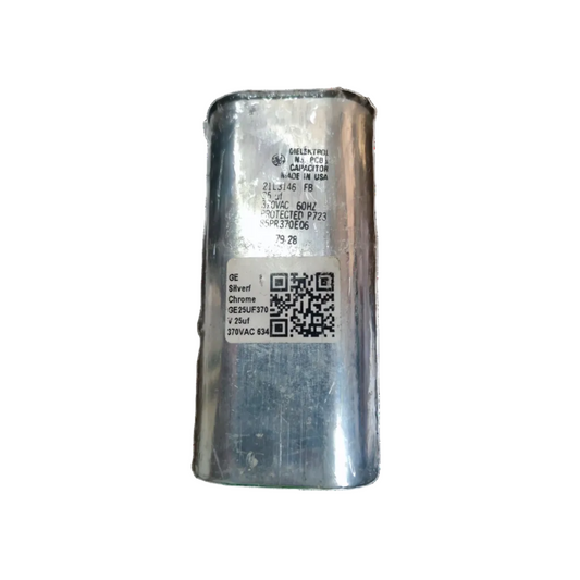 GE vintage dielektrol capacitor 25uf 370vac in silver chrome casing for electrical applications