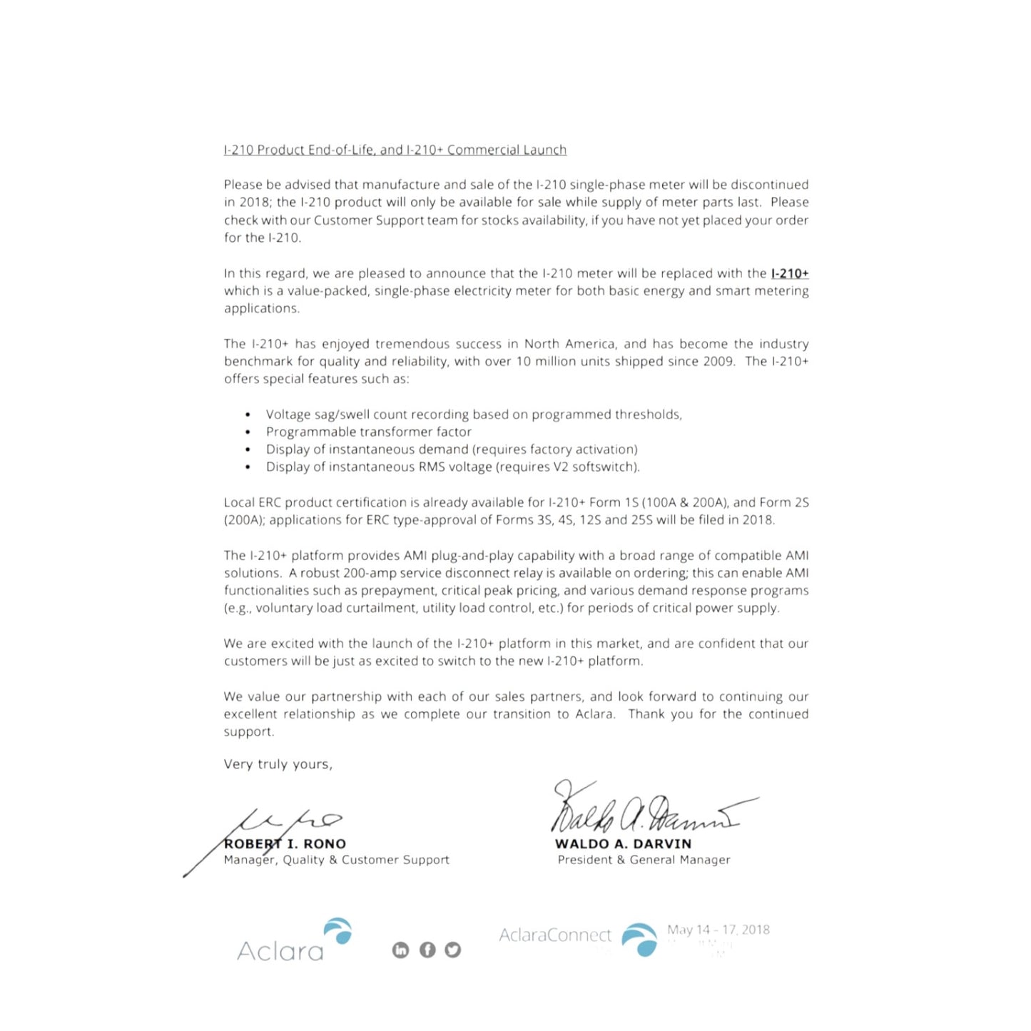 A formal letter of discontinuation and replacement announcement for the Aclaro 1-210 product line, dated May 14, 2018. The document features a blue header at the top reading 'Aclaro Product Life End of Life - 1-210/Commercial Launch' and includes printed and handwritten signatures from Robbert I.