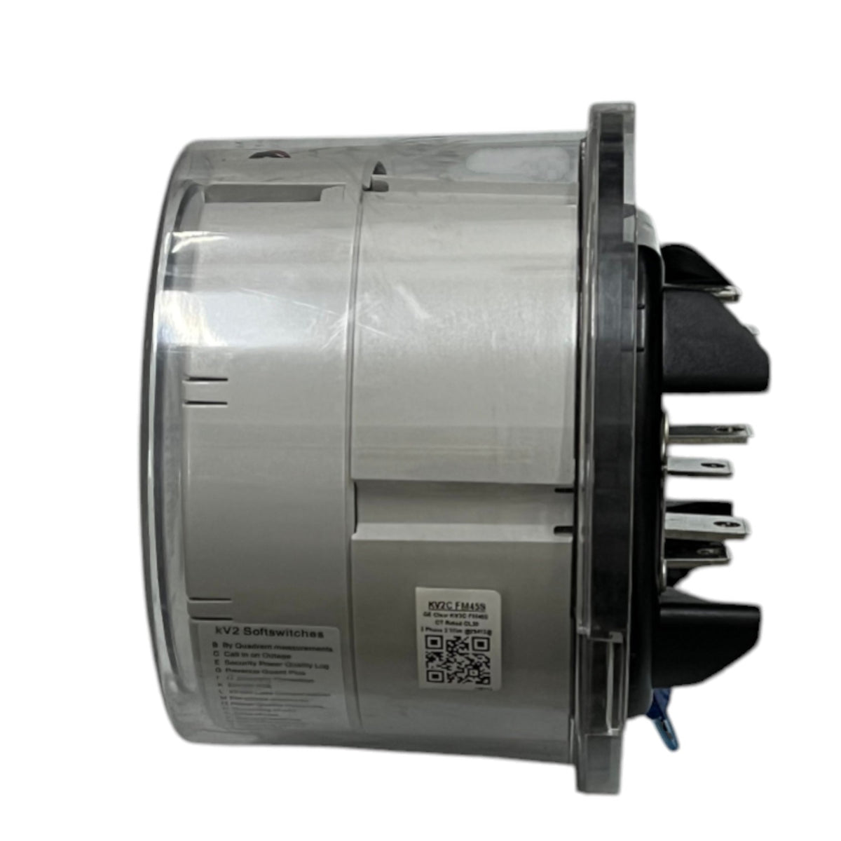 A cylindrical industrial electronic module or motor component with a clear outer casing, silver inner body, black terminal housing, and printed labels, shown on a plain white background.