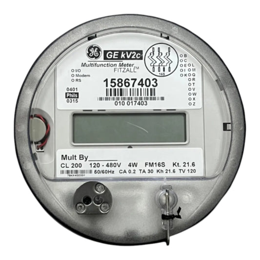 A GE multifunction meter (model FITZAL) with a digital display screen, featuring a metallic gray outer casing and a white label with technical specifications.