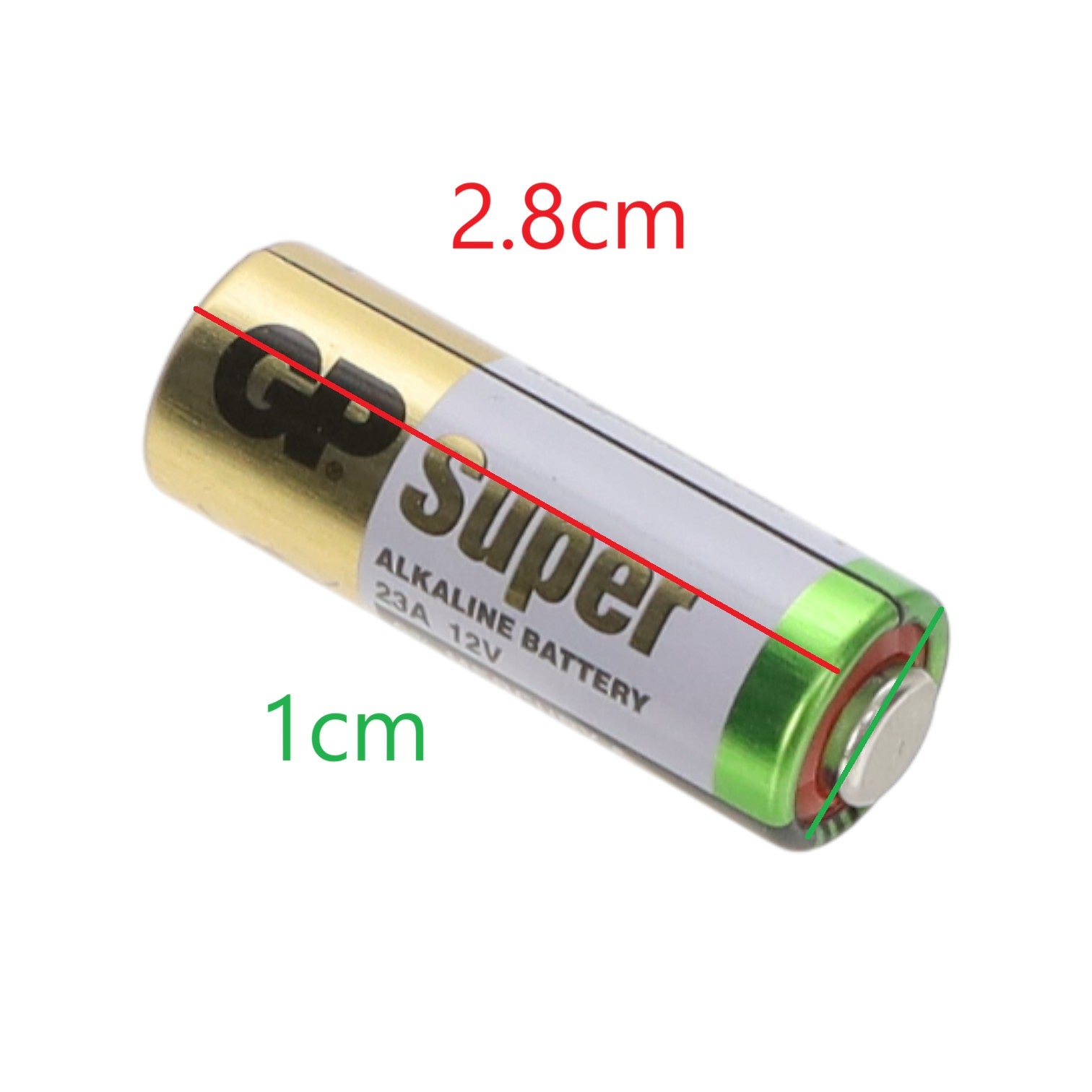 GP Super alkaline battery with dimensions labeled on a white background