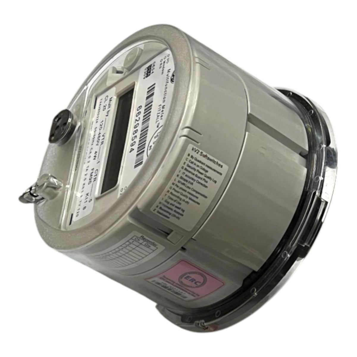 A cylindrical digital electricity meter with a gray plastic housing, a clear top cover, and a black circular base, shown on a plain white background.