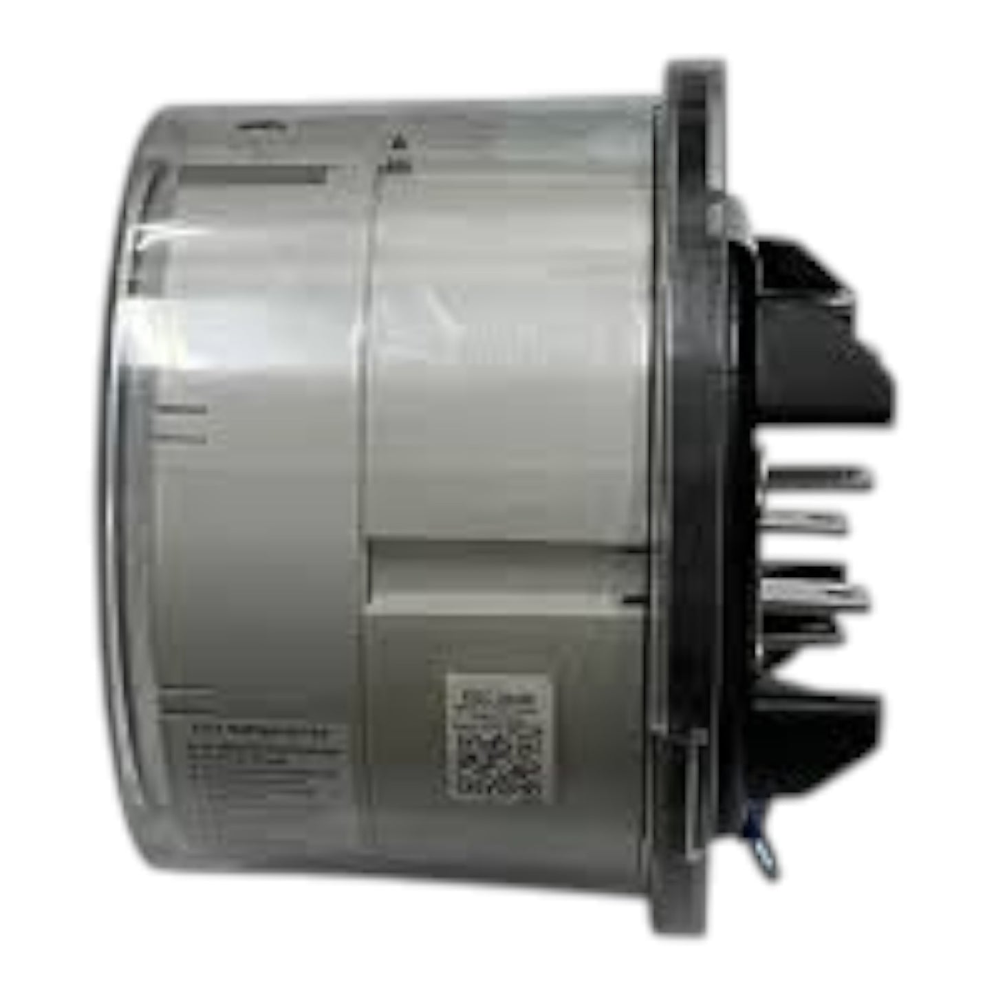 A cylindrical appliance replacement part, likely a motor or compressor housing, featuring a silver metallic body, a clear protective plastic wrap, and black plastic mounting brackets on the side.
