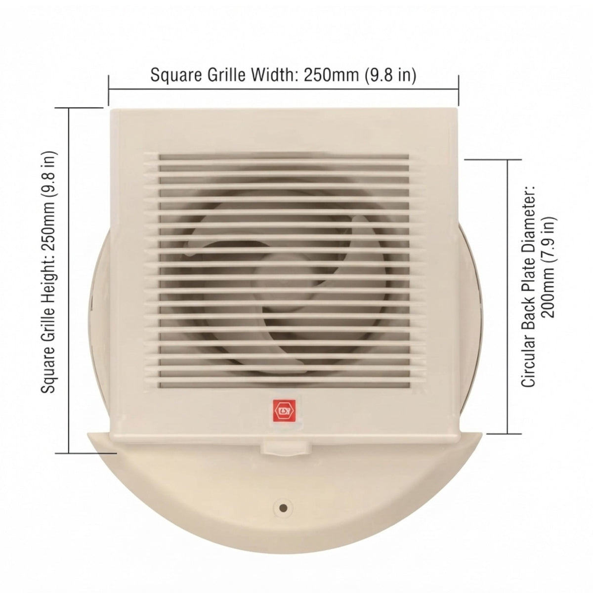 A top-down product diagram of a square vent fan with dimension labels showing a square grille width of 250mm (9.8 in), a square grille height of 250mm (9.