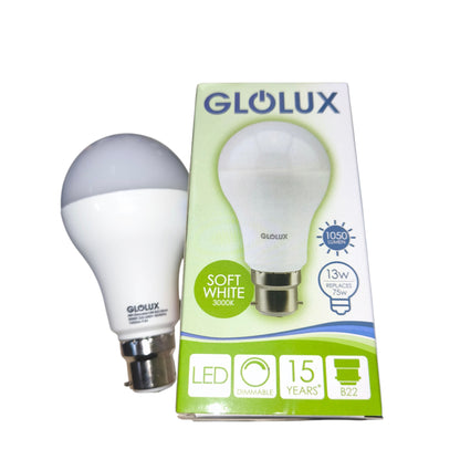 Glolux LED light bulb and packaging on a white background