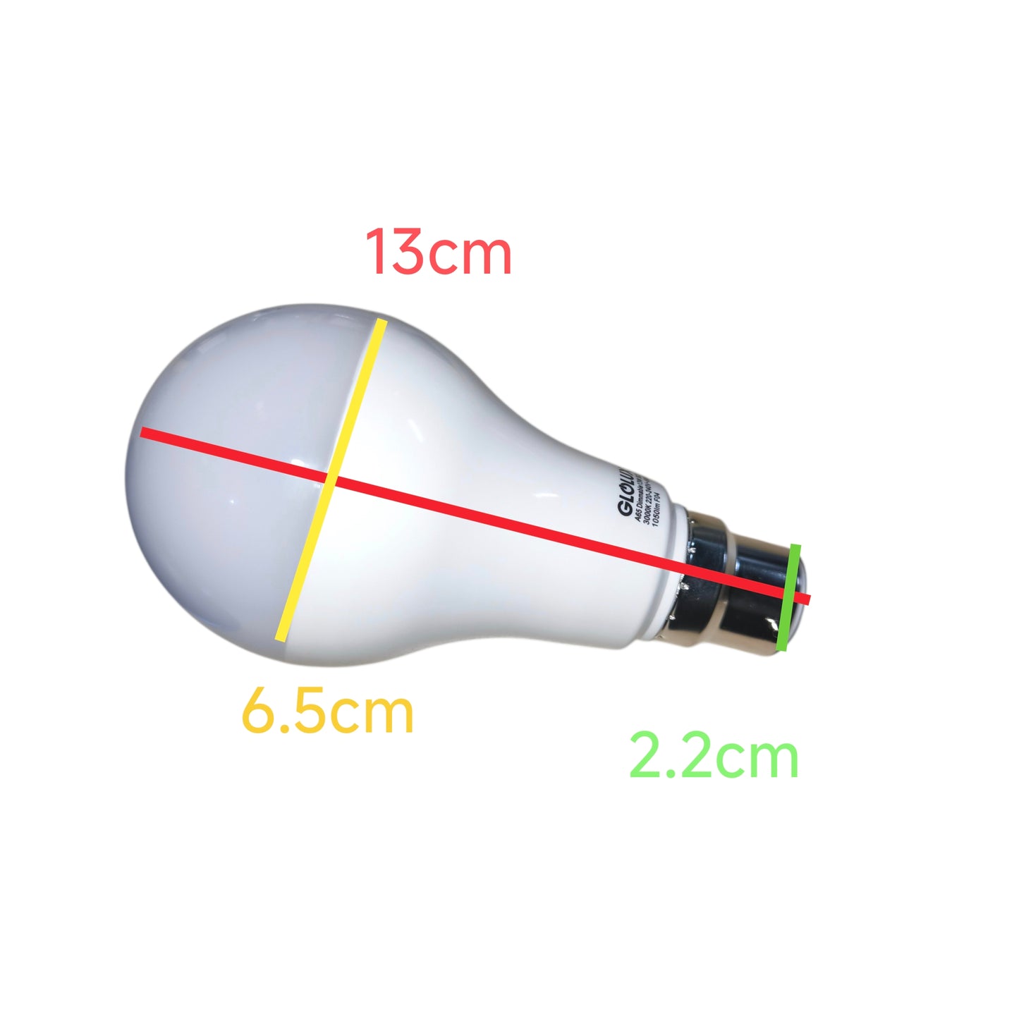 Light bulb with measurements marked on a white background
