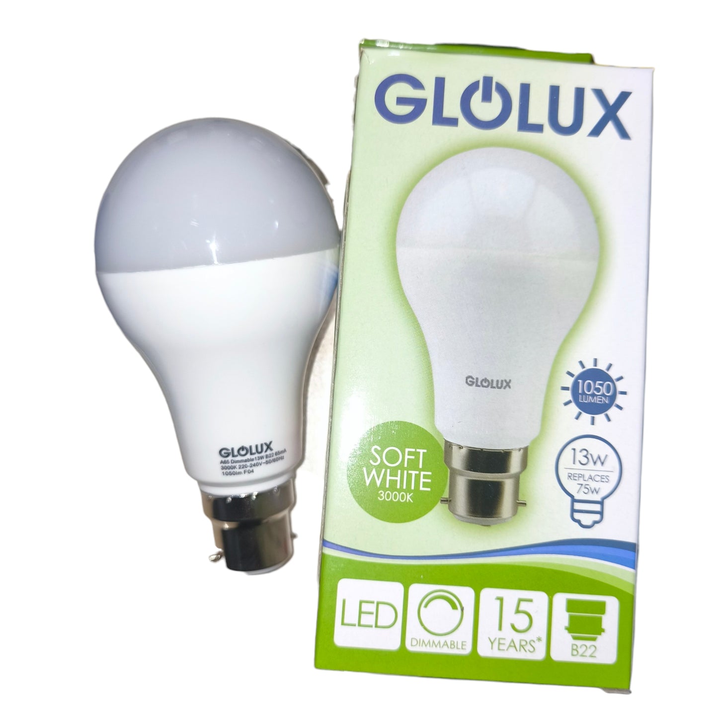 Gloilux LED light bulb with packaging on a white background