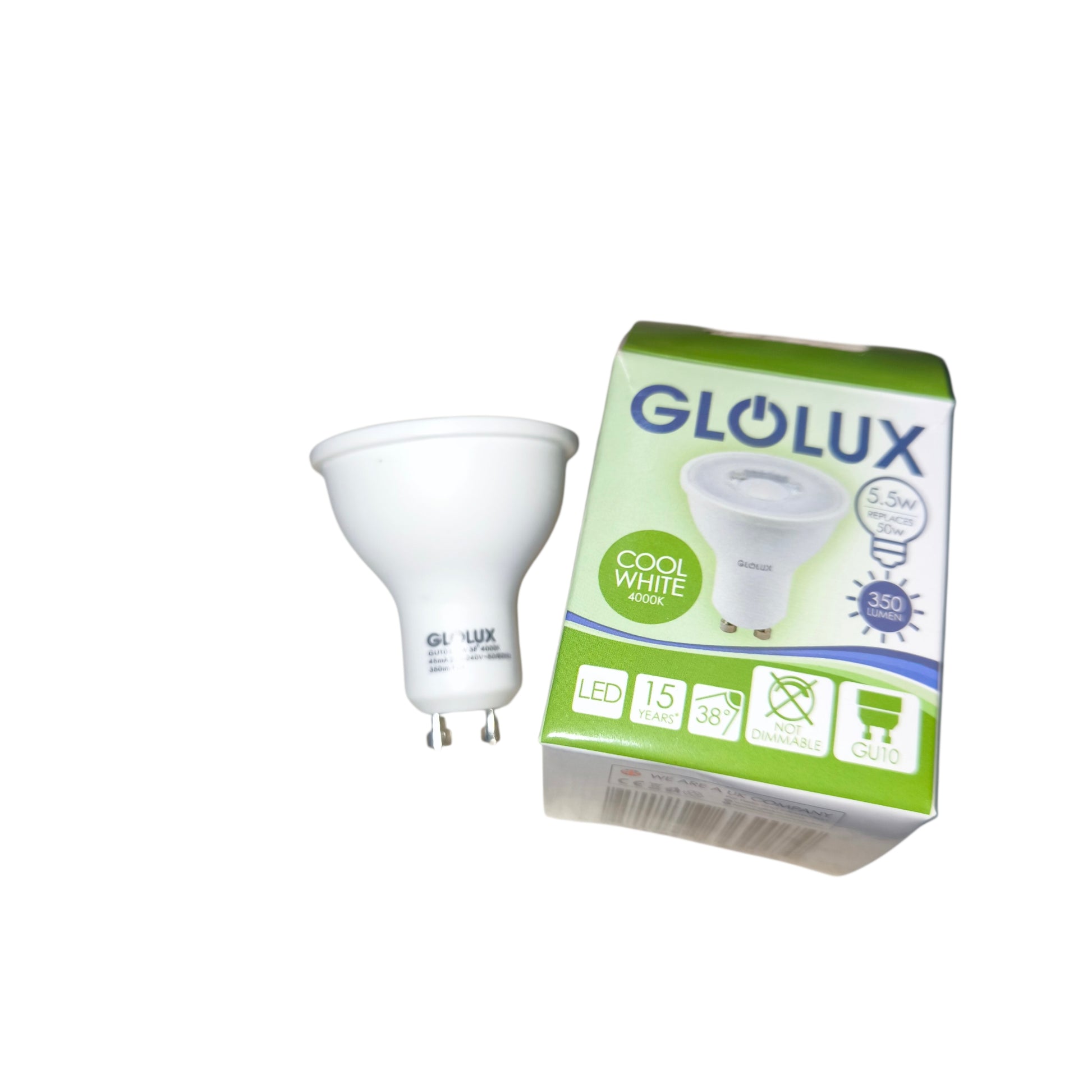 Gloilux LED light bulb and packaging on a white background