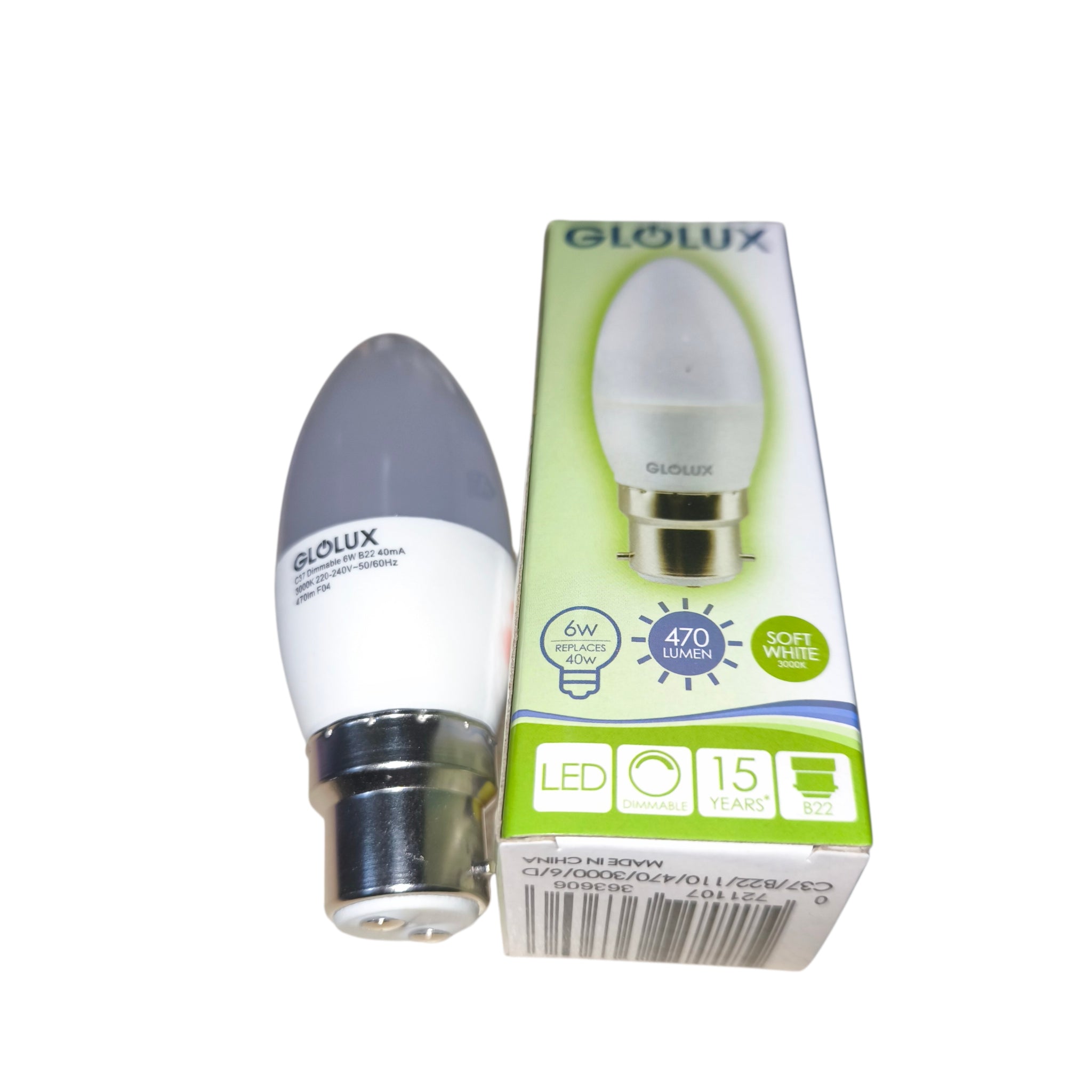 Glolux 6W LED Candle Bulb B22 Socket 3000K 470 Lumens Dimmable – Electx ...