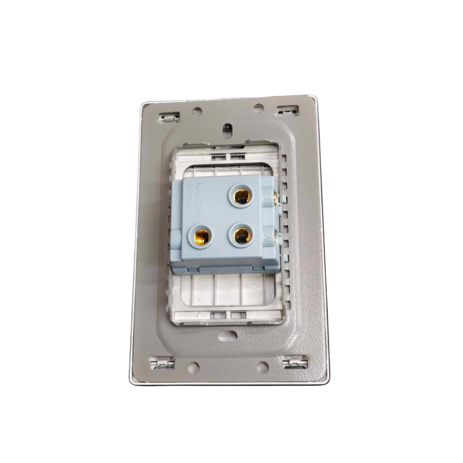 A silver metal electrical outlet backplate with a light blue three-pin socket connector in the center, shown against a plain white background.