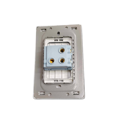 A silver metal electrical outlet backplate with a light blue three-pin socket connector in the center, shown against a plain white background.