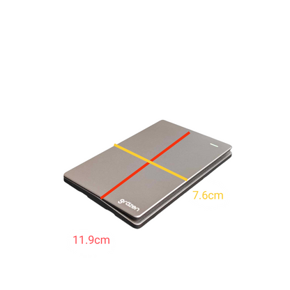 A slim rectangular metallic device, likely a card reader or similar electronic accessory, shown on a plain white background with overlaid dimension lines and text indicating 11.9cm, 7.