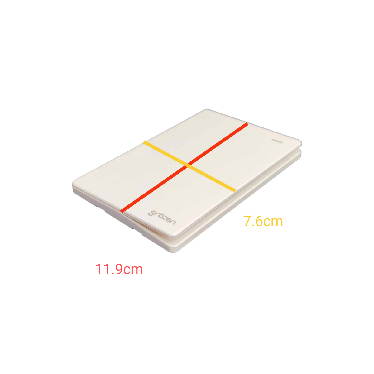 A white rectangular hard case with a red and yellow cross-shaped stripe design on top, shown on a white background with dimension labels indicating 11.9cm width, 7.