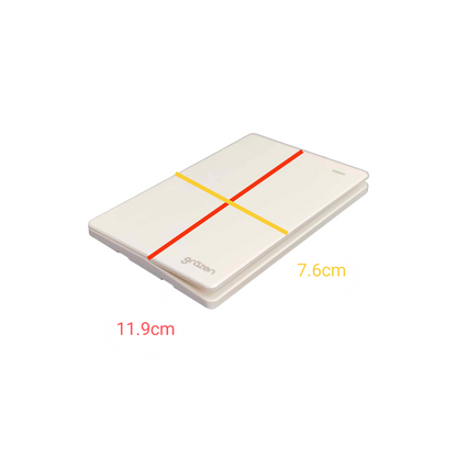 A white rectangular hard case with a red and yellow cross-shaped stripe design on top, shown on a white background with dimension labels indicating 11.9cm width, 7.