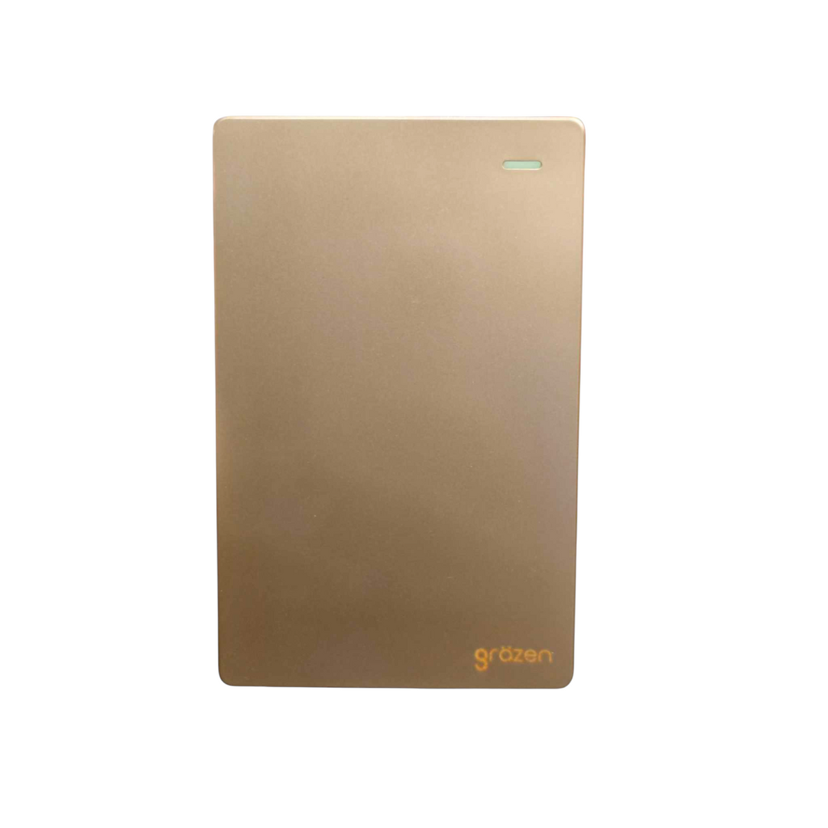 A rectangular, metallic gold portable power bank with rounded corners and a small green LED indicator light on the top edge, featuring the 'grozen' brand logo in gold near the bottom right, set against a plain white background.