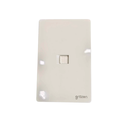 A white glossy glass panel switch with a single RJ45 port on the front, featuring the 'grúten' brand logo in the bottom right corner, set against a plain white background.