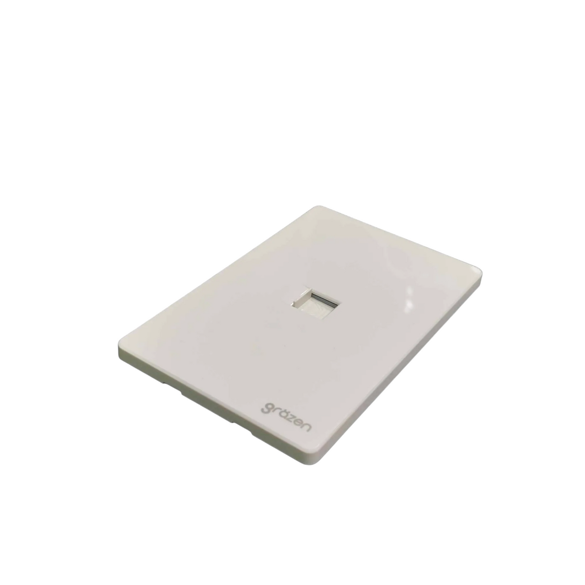 A white glossy rectangular network jack cover plate with a single RJ45 port cutout, featuring the 'gracen' brand logo near the bottom left, shown on a plain white background.