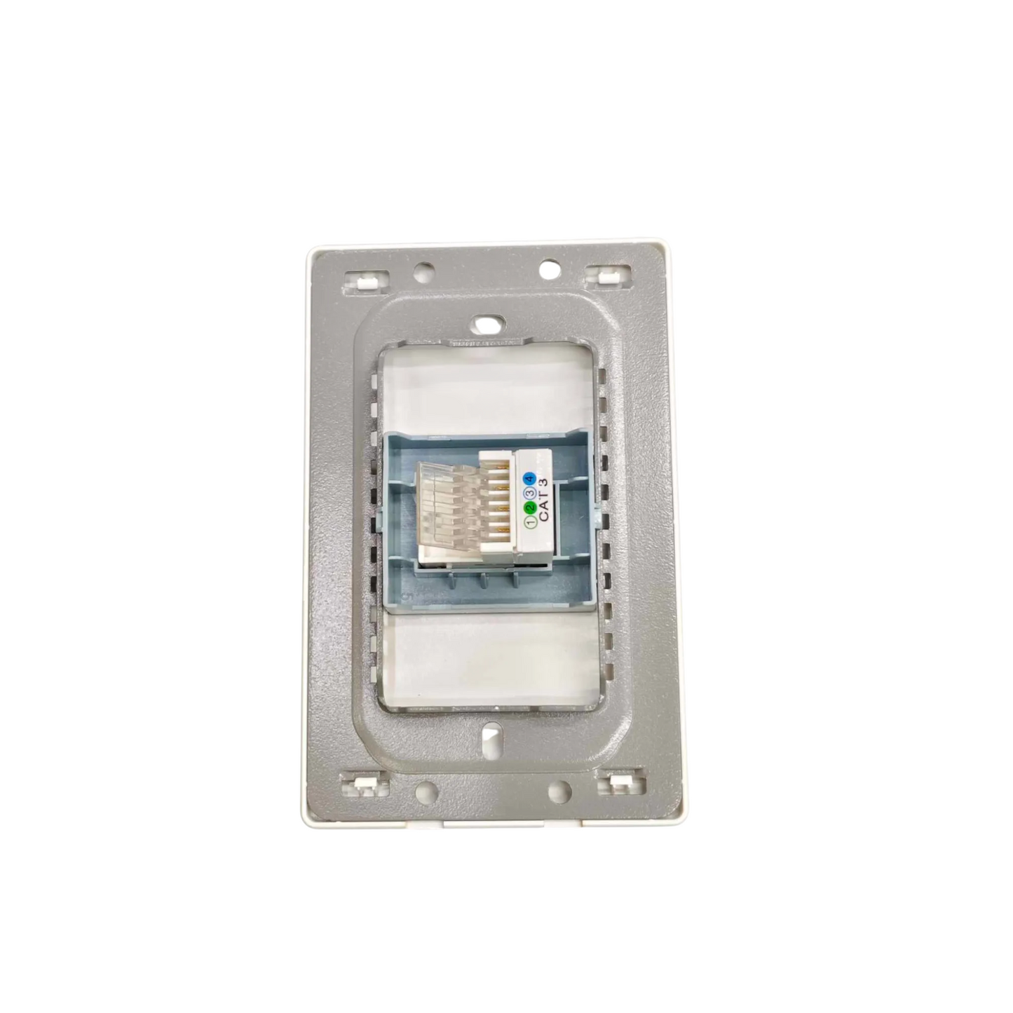 A RJ45 network module with a blue and white connector inside a silver metal mounting frame, shown on a plain white background.