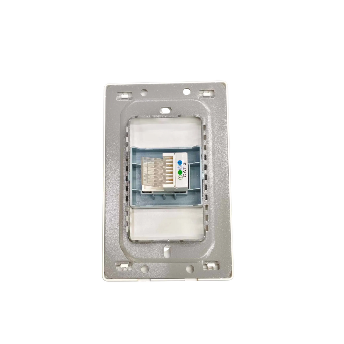 A RJ45 network module with a blue and white connector inside a silver metal mounting frame, shown on a plain white background.
