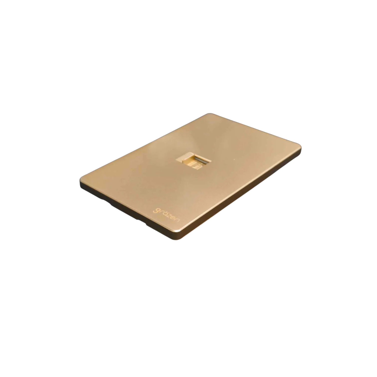 A single gold metal RJ45 network jack cover plate on a solid white background.