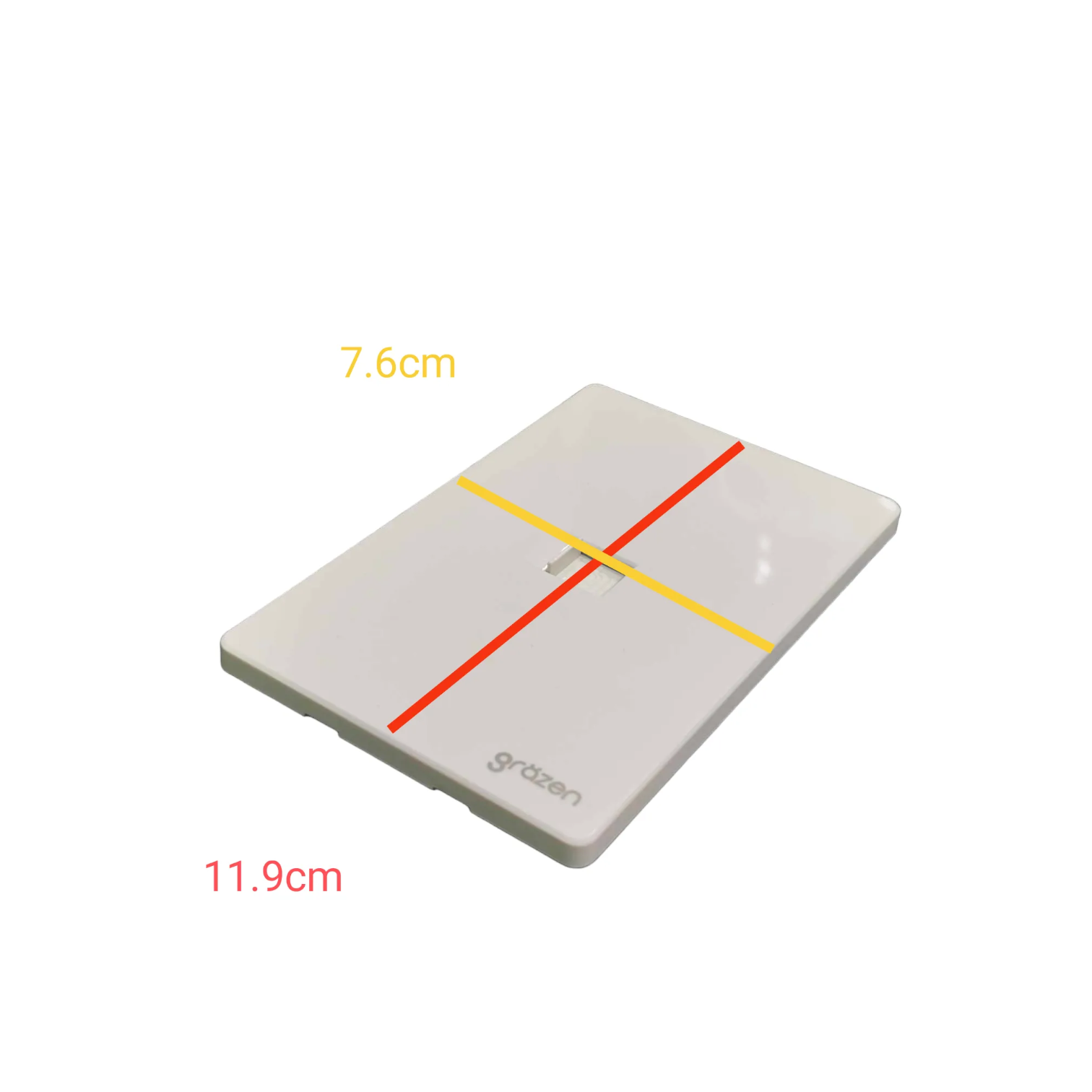 A white rectangular tray or plate shown on a light gray background with red and yellow measurement lines and text indicating dimensions 7.6cm and 11.