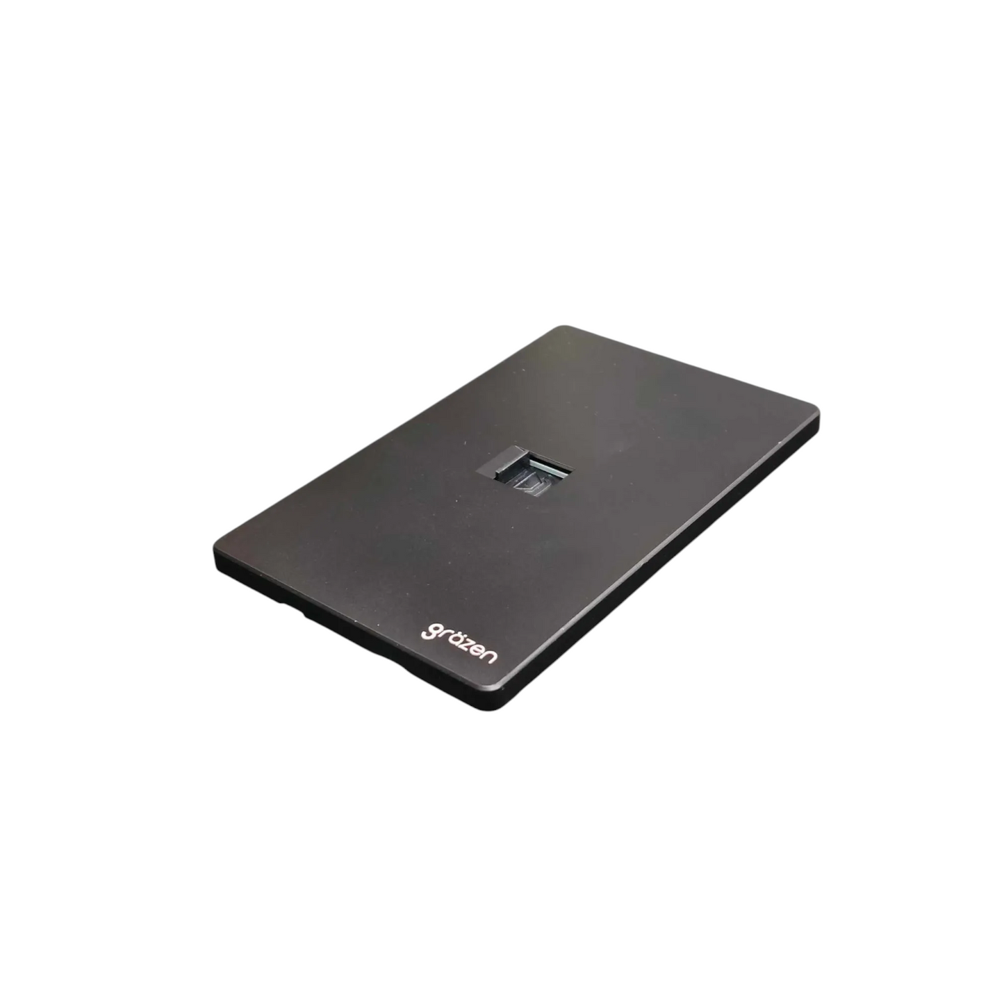 A black rectangular electronic device with rounded corners, featuring a small central slot and the brand name 'grosen' printed in white near the bottom edge, shown on a plain white background.