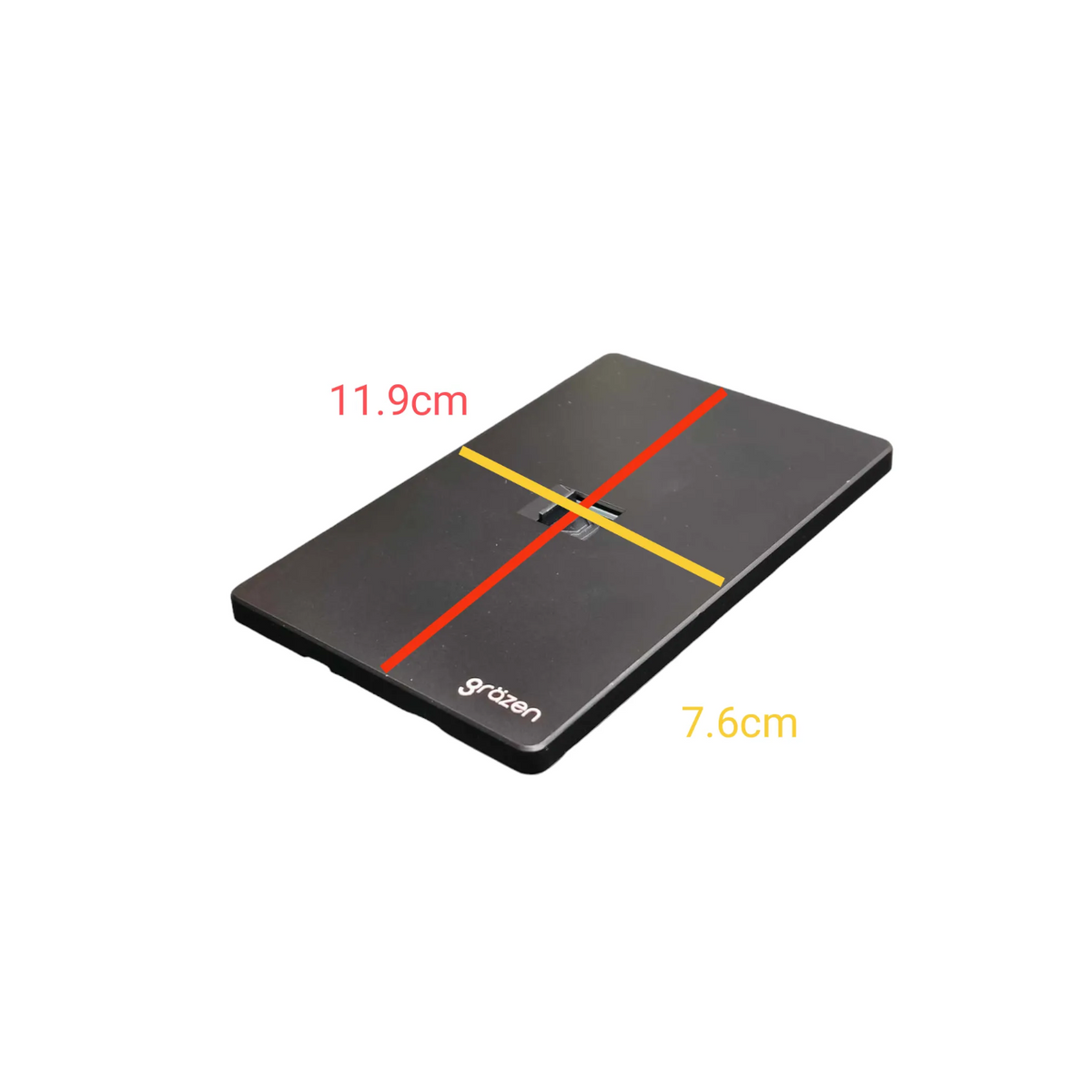A black rectangular tray or mat shown at an angle on a white background, with red and yellow measurement lines and text indicating dimensions 11.9cm and 7.