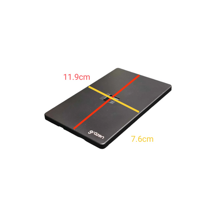 A black rectangular tray or mat shown at an angle on a white background, with red and yellow measurement lines and text indicating dimensions 11.9cm and 7.
