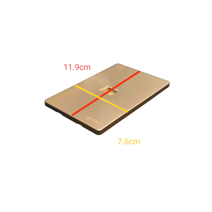 A rectangular metallic wall switch plate shown on a white background with red and yellow measurement lines and text indicating dimensions 11.9cm, 7.