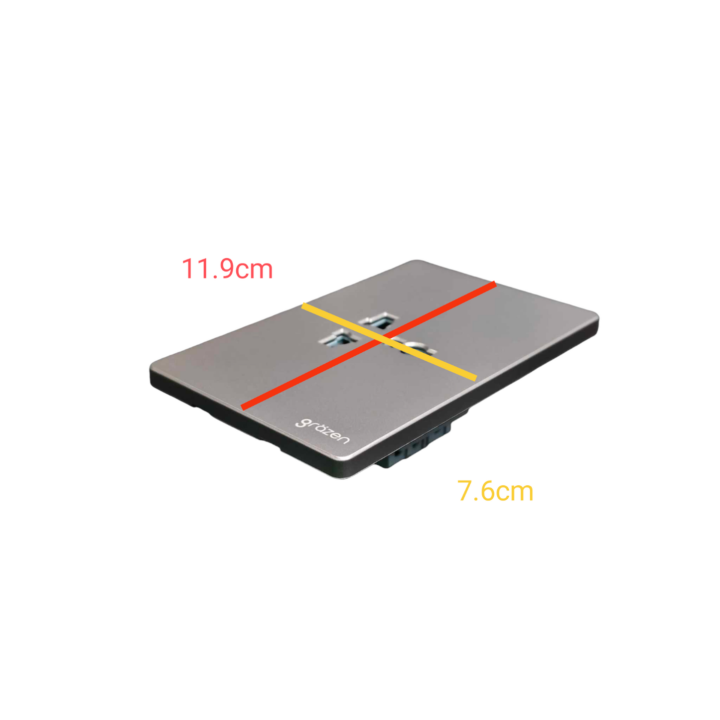 A rectangular gray metal tray or lid shown on a white background with red and yellow measurement lines and text indicating dimensions 11.9cm and 7.