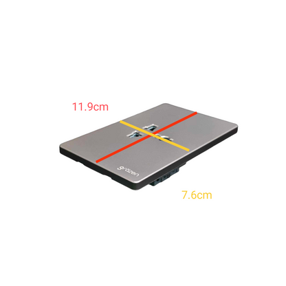 A rectangular gray metal tray or lid shown on a white background with red and yellow measurement lines and text indicating dimensions 11.9cm and 7.
