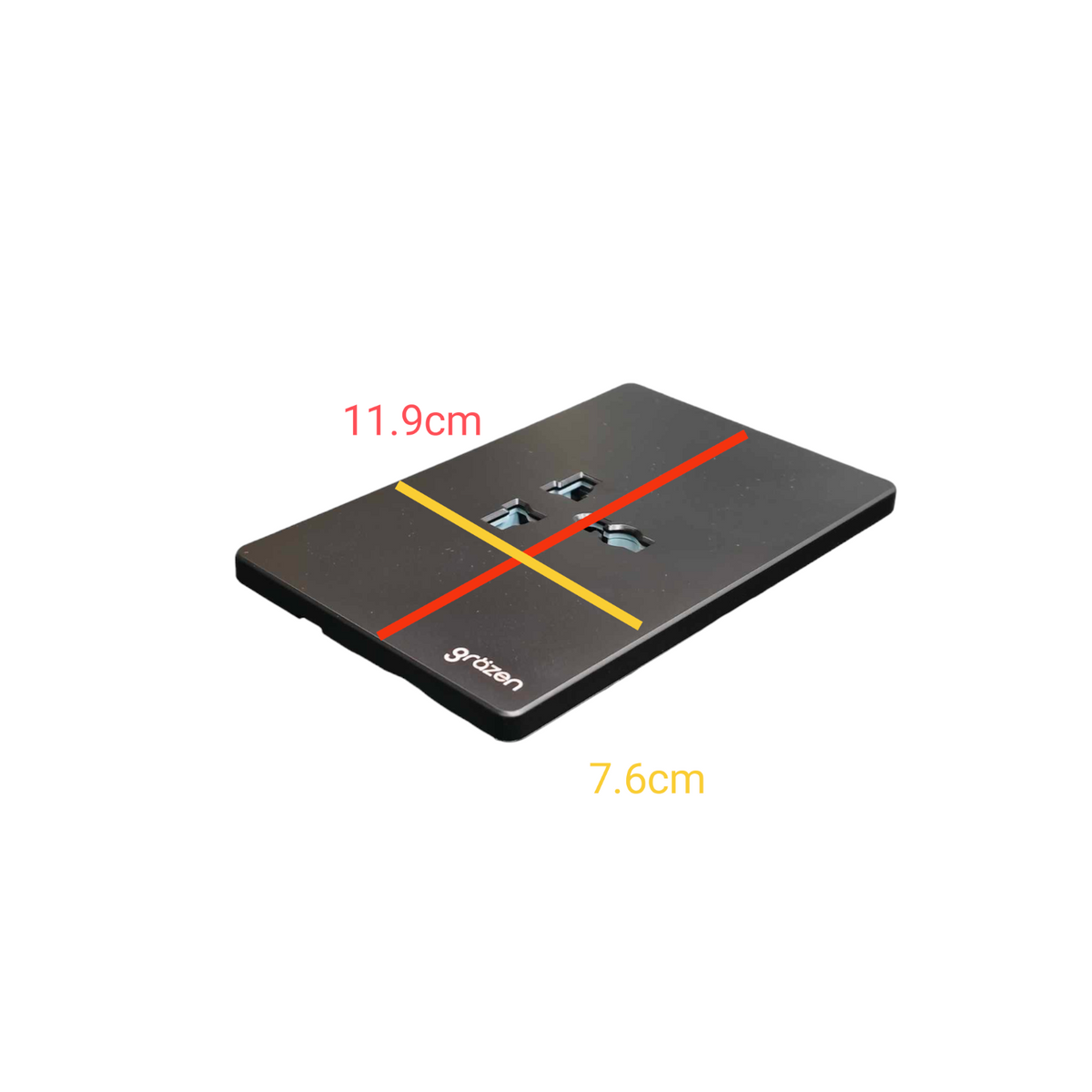 A black rectangular electronic device with a dual USB-C port on top, shown on a white background with red and yellow dimension lines and text indicating 11.9cm and 7.