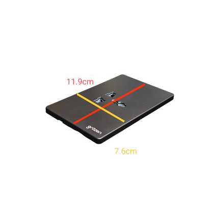 A black rectangular electronic device with a dual USB-C port on top, shown on a white background with red and yellow dimension lines and text indicating 11.9cm and 7.