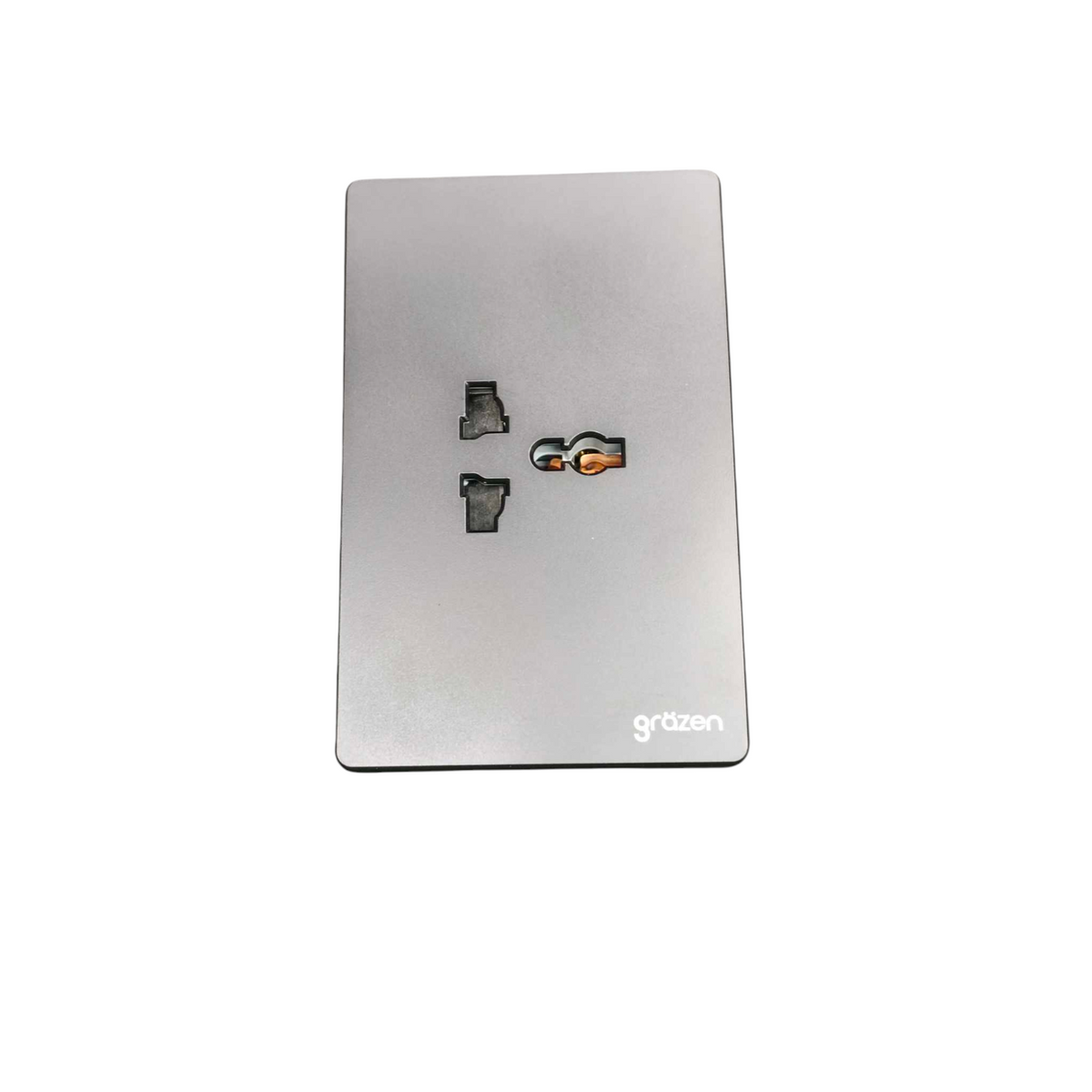 A rectangular brushed silver metal electrical outlet cover plate with two outlets and a small brand logo at the bottom right, shown on a plain white background.