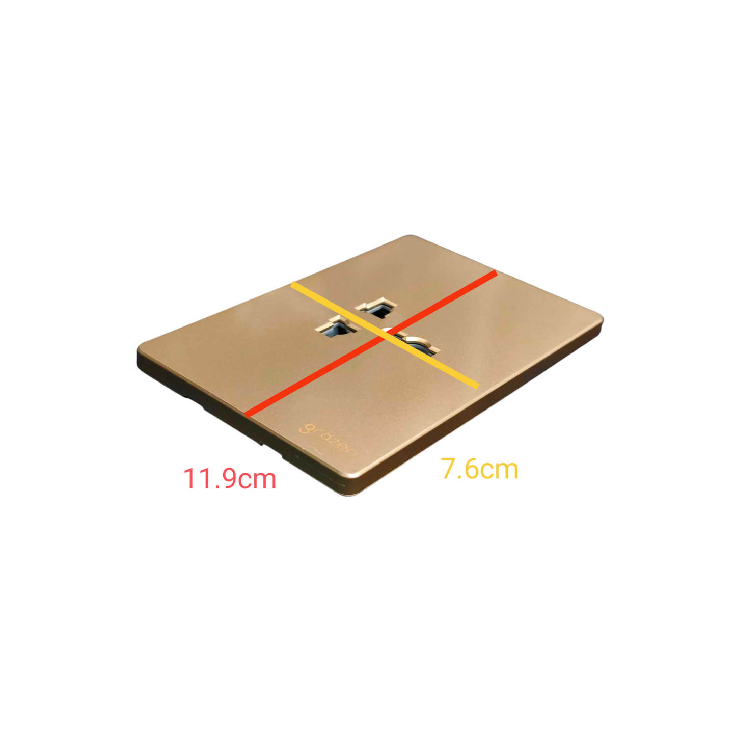 A square metallic wall outlet cover plate shown on a plain white background, with red and yellow measurement lines and dimensions labeled 11.9cm and 7.