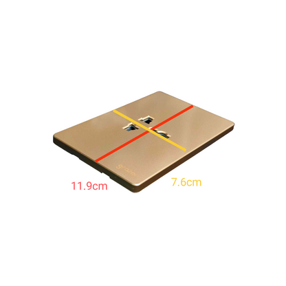 A square metallic wall outlet cover plate shown on a plain white background, with red and yellow measurement lines and dimensions labeled 11.9cm and 7.