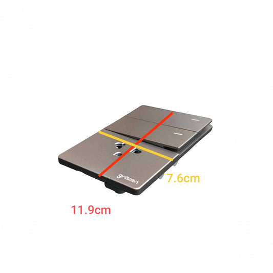 A rectangular wall switch panel shown on a white background with red and yellow measurement lines and text indicating dimensions 11.9cm and 7.