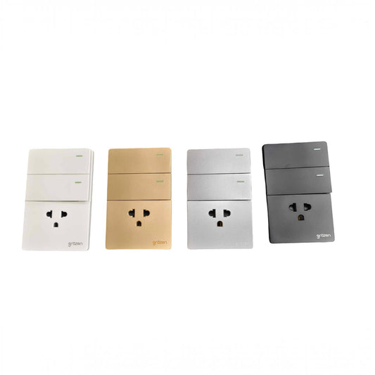Four minimalist wall outlets in different finishes (white, gold, silver, and dark gray) arranged in a row against a plain white background. Each outlet has a small green indicator light and the brand name 'grtben' printed at the bottom.