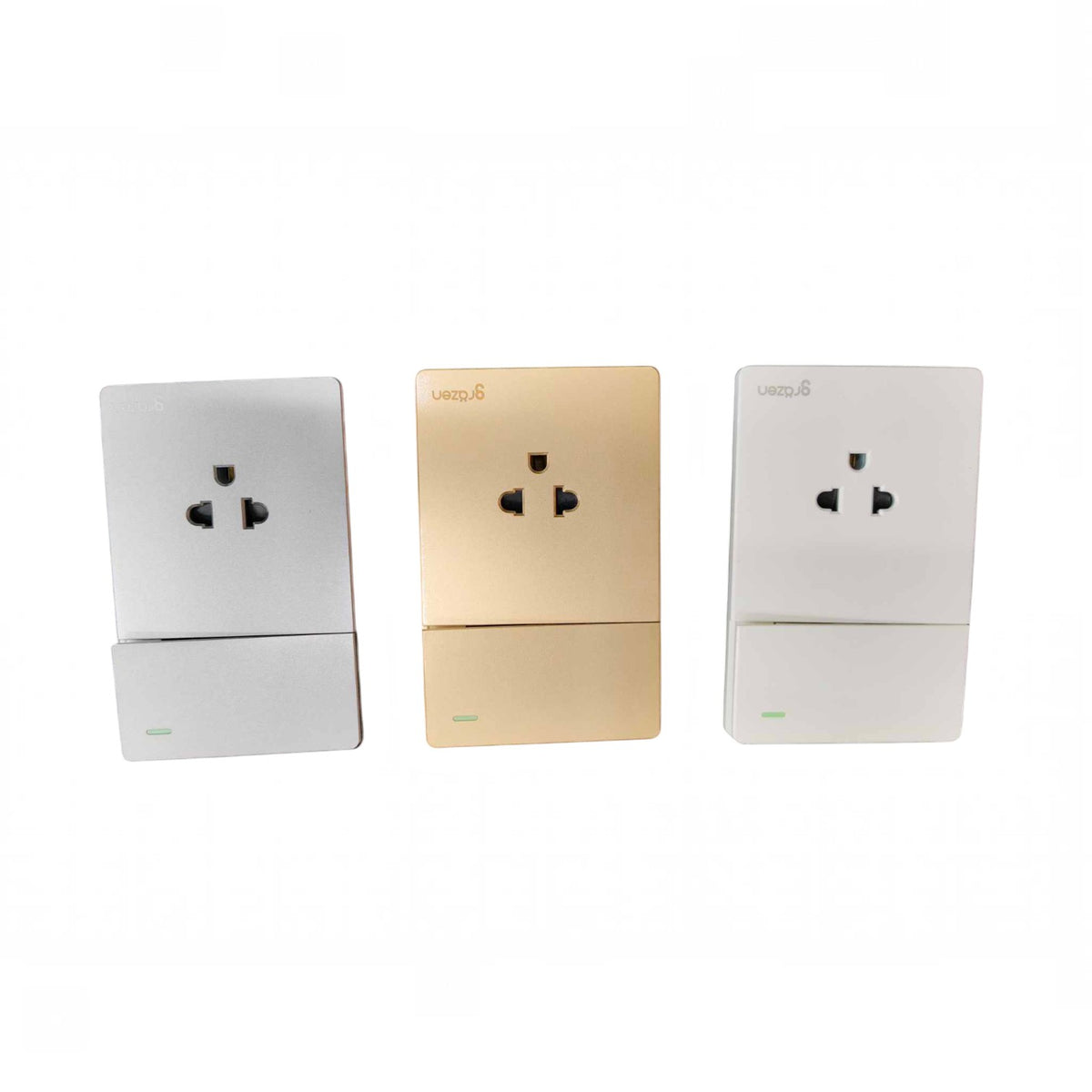 Three wall outlets shown side by side in different finish options: silver, gold, and white. The center outlet has the brand name 'UNIED' printed on the top left corner.