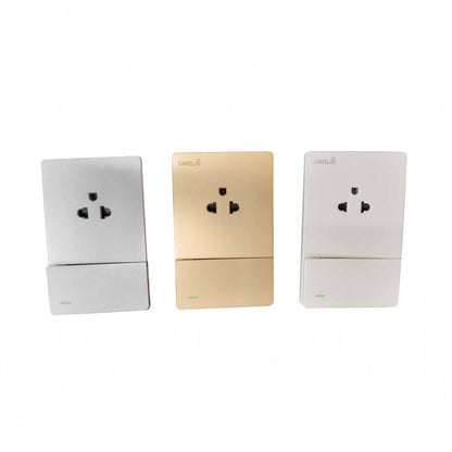 Three wall outlets shown side by side in different finish options: silver, gold, and white. The center outlet has the brand name 'UNIED' printed on the top left corner.