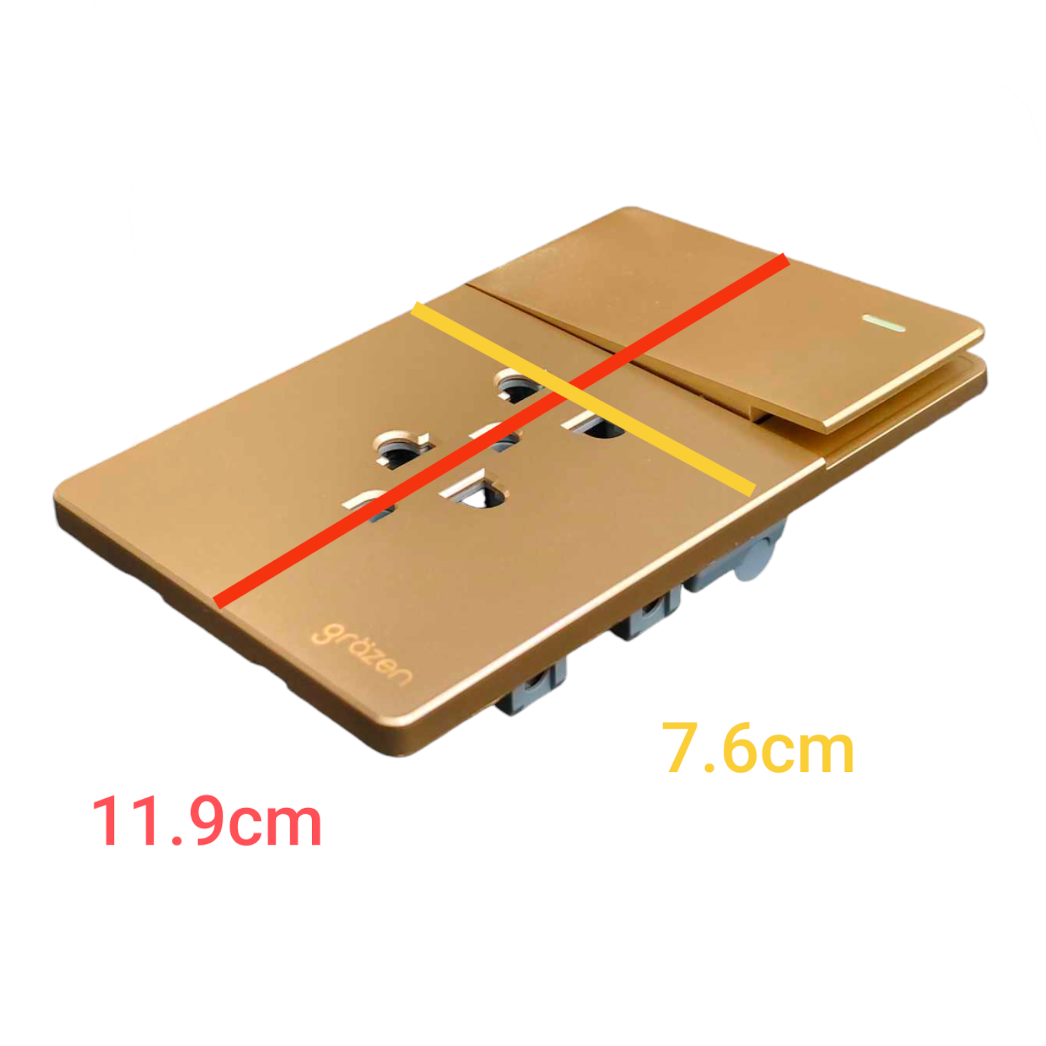 A gold-colored double switch outlet plate shown on a white background with red and yellow measurement lines and text indicating dimensions 11.9cm and 7.
