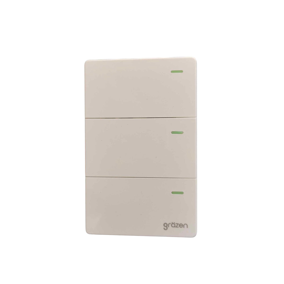 A three-button wall switch panel by Grazen, featuring a minimalist off-white plastic design with small green indicator lights on each button.