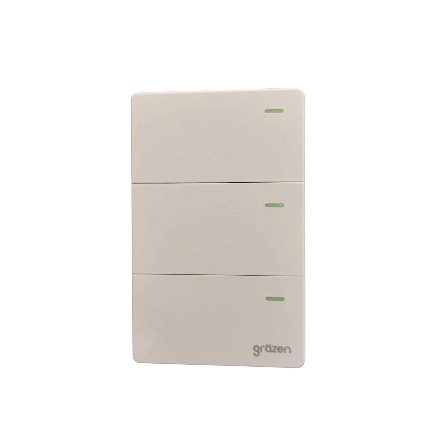 A three-button wall switch panel by Grazen, featuring a minimalist off-white plastic design with small green indicator lights on each button.