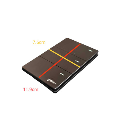 A rectangular black car park assist device with red and yellow guide lines and white markings, shown on a white background with dimension labels '7.6cm' and '11.