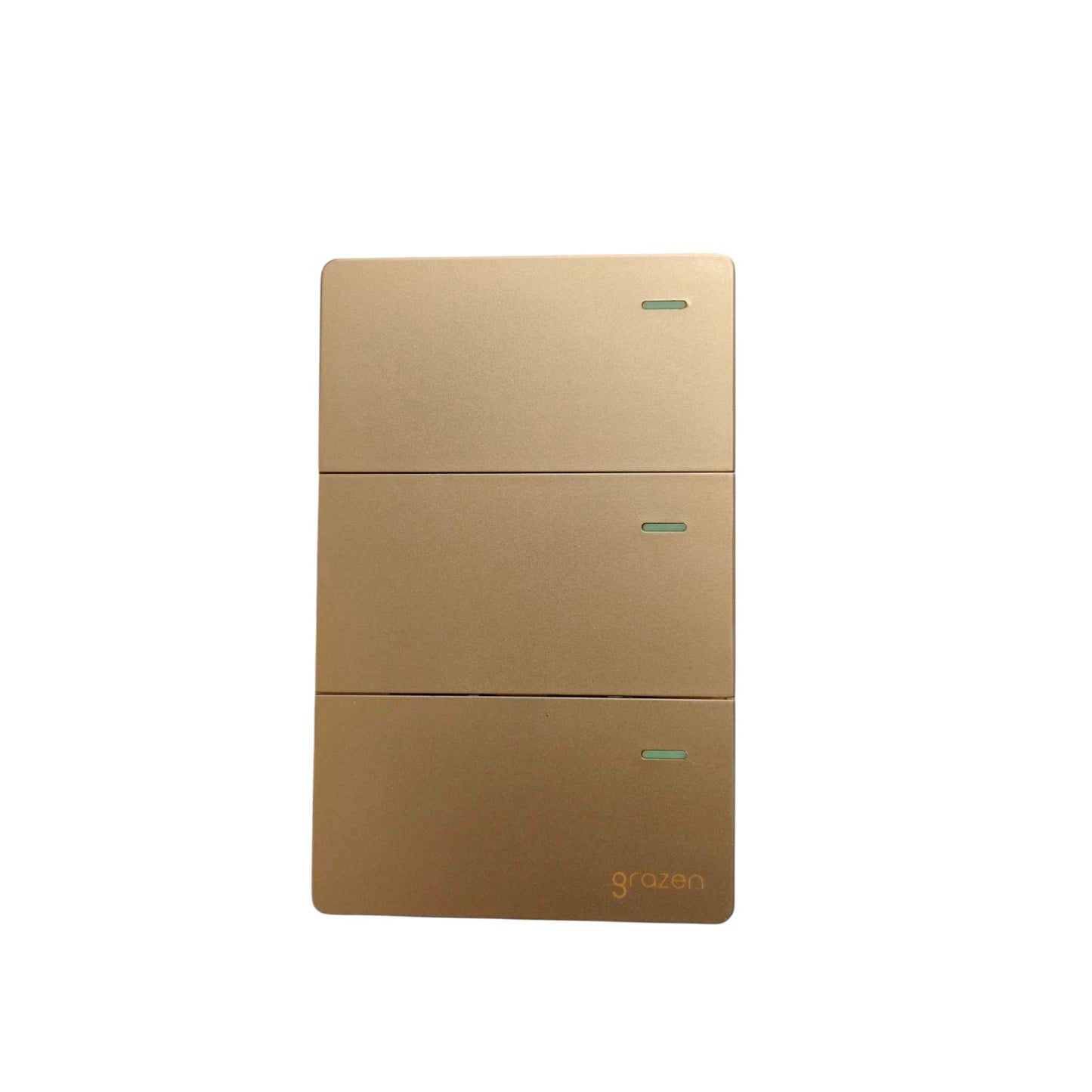 A three-light wall switch panel in a brushed gold finish, featuring three stacked rectangular sections with small green indicator lights and the 'gracen' brand name printed in gold near the bottom right.
