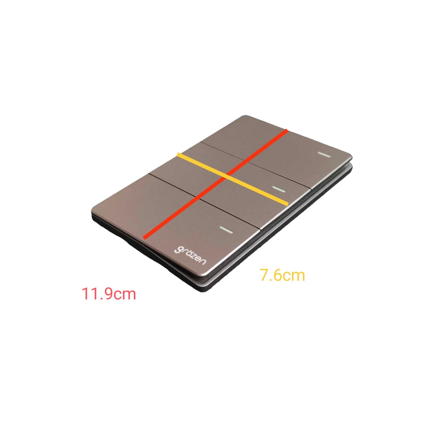 A rectangular wall switch panel with a brushed metal finish, shown on a white background with red and yellow measurement lines and text indicating dimensions 11.9cm and 7.