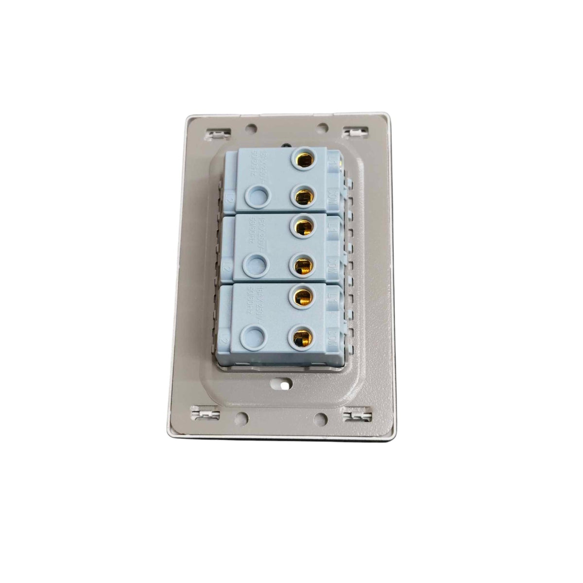 A 3G (three-gang) modular electrical terminal block with light blue plastic connectors mounted on a silver metal backplate, shown against a plain white background.