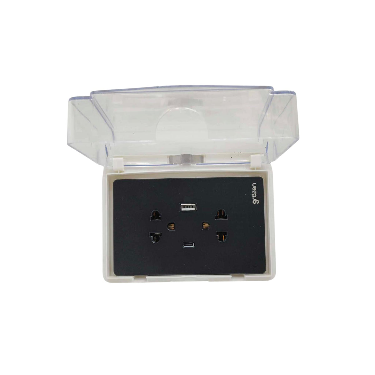 A waterproof outdoor wall outlet socket with a transparent protective cover, featuring a black faceplate with multiple outlets and a USB port.