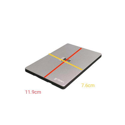 A rectangular gray measuring board with red and yellow crosshatched guide lines, shown on a white background with dimension labels '11.9cm' and '7.
