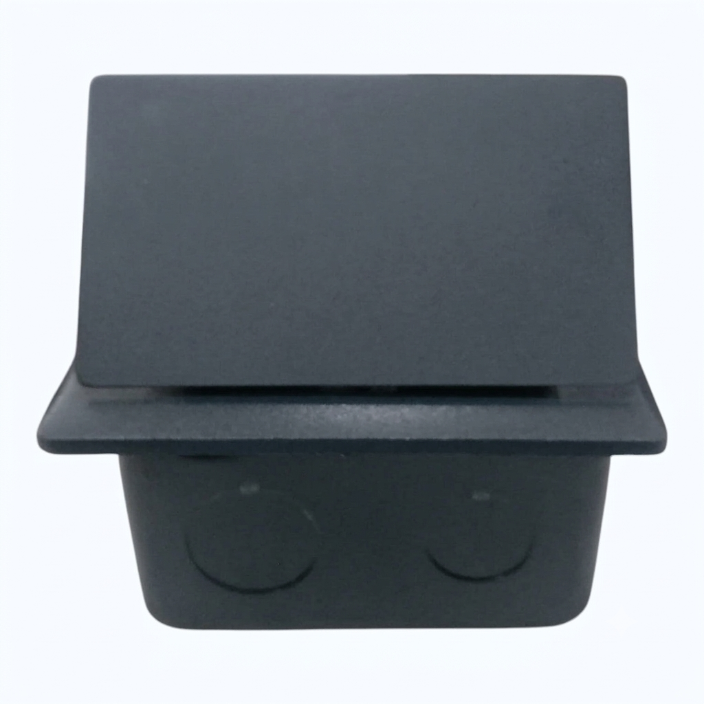 Black plastic container with a lid on a white background